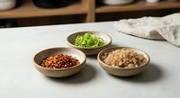 Three wooden bowls filled with colorful spices and herbs arranged on white marble countertop in modern kitchen setting for culinary cooking preparation.