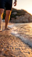 Bare feet walking on sandy beach at sunset with gentle waves washing ashore, creating magical bokeh effect from water droplets and golden hour light.