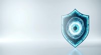 Digital shield with glowing eye symbol representing cybersecurity, data protection, and network safety for technology and business applications.