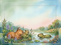 Watercolor capybara family relaxing by peaceful pond with lush vegetation and soft pastel sky for nature illustration and wildlife art projects.
