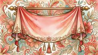Watercolor pink fabric banner hanging on decorative rod with tassels, floral ornamental background in coral and gold tones for greeting card design.