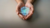 Hands holding glowing shield with leaf icon, representing data protection, cybersecurity, and eco-friendly digital safety solutions for business and technology.