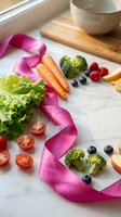 Fresh vegetables and fruits arranged with pink ribbon on marble surface, featuring carrots, broccoli, tomatoes, raspberries and blueberries for healthy eating and nutrition concepts.