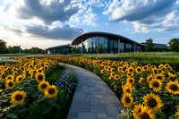 Curved walkway through vibrant sunflower garden leads to modern glass building with dramatic cloudy sky at sunset, creating striking architectural and natural contrast.