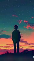 Silhouetted figure standing on hilltop gazing at dramatic sunset sky with vibrant orange, pink, and teal gradient clouds and stars, conveying contemplation and wonder.