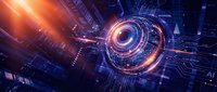 Futuristic digital eye with glowing circuits and data streams in cyberpunk style for technology and artificial intelligence concepts.