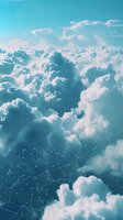 Fluffy white cumulus clouds in turquoise sky with geometric constellation pattern overlay creating dreamy atmosphere for spiritual and technology concepts.