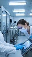 Female scientist in protective mask and gloves operating tablet computer in modern pharmaceutical laboratory with stainless steel equipment and sterile environment.