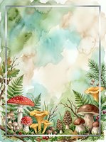 Watercolor forest frame with mushrooms and ferns on textured background for botanical designs and nature-themed projects.