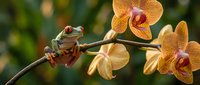 Small green tree frog sitting on golden yellow orchid branch with spotted petals in tropical garden setting with natural bokeh background.