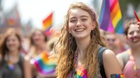 Young woman with long blonde hair smiling at pride parade celebration, surrounded by rainbow flags and festive crowd in background. LGBTQ+ community support and joy.