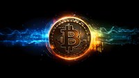 Golden bitcoin coin with glowing orange and blue energy waves on black background, digital currency concept for financial technology and cryptocurrency trading.