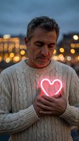 Middle-aged man holding glowing pink neon heart at twilight with city lights bokeh background. Concept of love, romance, and emotional connection.