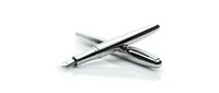 Two elegant silver pens crossed on white background, isolated for business and office design projects, professional writing instruments for corporate use.