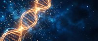 Glowing DNA double helix structure with golden light effects against deep blue cosmic background with stars and particles for science concepts.