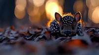 Young spotted deer fawn hiding in autumn leaves at sunset with magical bokeh lights creating dreamy forest atmosphere. Wildlife photography concept.