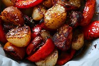 Roasted baby potatoes and red bell peppers with caramelized edges and aromatic seasonings, close-up view showing rich colors and textures for food photography.
