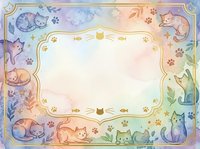Watercolor cats border frame with paw prints on pastel rainbow background, isolated design element for invitations, cards and decorative projects.