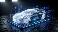 Futuristic transparent sports car hologram with digital interface elements and blue neon lighting on dark technological background for automotive design concepts.
