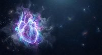 Glowing anatomical heart with electric energy surrounded by cosmic nebula and stars in deep space for medical and science concepts.
