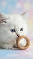 White fluffy kitten with striking blue eyes playing with wooden ring toy against soft pastel gradient background. Cute pet portrait for greeting cards and children's content.