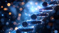 Glowing blue DNA strand with particles and bokeh lights on dark background. Scientific concept showing genetic research and biotechnology advancement.