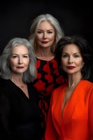 Three elegant mature women with silver and dark hair wearing red and black formal attire pose confidently against dark background, showcasing timeless beauty and grace.