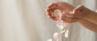 Woman hands gently releasing delicate pink rose petals falling gracefully against soft neutral background for spa wellness beauty concepts.