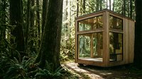 Wooden cabin with glass windows nestled among tall forest trees, offering retreat and nature connection for architectural and lifestyle editorial use.