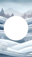 Minimalist winter landscape with white circle frame, snow-covered mountains and bare trees in soft blue and gray tones for seasonal design projects.