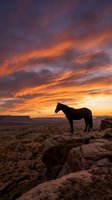 Wild horse silhouette standing on rocky cliff edge against dramatic orange purple sunset sky over desert canyon landscape for western adventure themes.