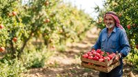Mature male farmer with reddish headwear harvesting fresh red apples in orchard, holding wooden crate of produce during daytime agricultural work.