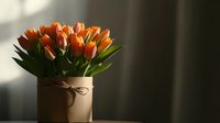 Fresh orange tulips in kraft paper wrapped vase on wooden surface with dramatic natural window light and shadows creating moody spring atmosphere.