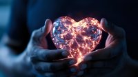 Glowing heart shape with magical light particles held gently in cupped hands against dark background, creating romantic atmospheric mood. Concept of love and care.
