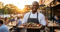 Happy African American chef presenting grilled meat platter at outdoor restaurant during golden hour sunset with string lights and dining guests in background.
