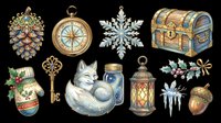 Vintage holiday ornaments and decorative elements collection isolated on transparent background, ready for t-shirt design, clipart, stickers, sublimation and print-on-demand projects.