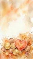 Watercolor heart with coins on warm orange background for love and money concept designs, financial romance themes, Valentine's Day materials.