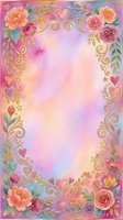 Watercolor floral frame with roses, peonies, and ornamental hearts on gradient background. Gold scrollwork and botanical elements border isolated design. Perfect for greeting cards, invitations, and decorative projects.