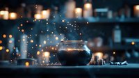 Magical glowing jar with sparkles and floating lights against dark background creates mystical atmosphere for fantasy and spiritual designs.