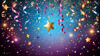 Festive celebration background with golden stars, colorful spiral ribbons and confetti on blue and purple gradient backdrop for party and holiday designs.