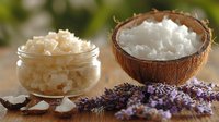 Fresh coconut oil and flakes in glass jar and half coconut with lavender flowers on wooden surface, natural skincare ingredients for beauty treatments.