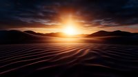 Dramatic sunset over rippled sand dunes with golden light rays piercing through cloudy sky creating warm atmospheric desert landscape for travel content.