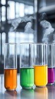 Colorful chemical solutions in laboratory test tubes with rising smoke against blurred background. Scientific research and chemical reaction concept.