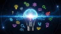 Digital lightbulb with glowing brain filament surrounded by colorful tech icons on dark futuristic background for innovation and artificial intelligence concepts.