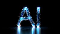 Glowing blue AI text formed by electric lightning and plasma effects on black background, futuristic technology concept for artificial intelligence design.