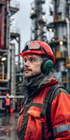 Caucasian male industrial worker in protective gear with hard hat, safety glasses and hearing protection at petrochemical plant or refinery during evening shift.