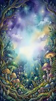 Enchanted forest portal with glowing mushrooms, twisted branches, and magical starlit sky, ideal for fantasy artwork, book illustrations, and mystical design projects.