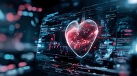 Glowing red heart with digital pulse line against futuristic interface background with data streams and code elements in dark blue tones for medical technology concept.