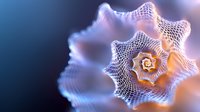 Delicate spiral seashell macro with intricate mesh pattern in soft pink and blue tones, featuring detailed geometric lattice structure and natural spiral formation.