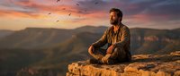 Middle-aged Caucasian man sitting on rocky cliff edge during golden hour sunset with birds flying overhead in mountain landscape for meditation and mindfulness concepts.
